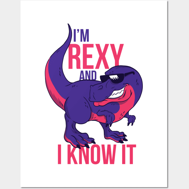 Cool dinosaur - illustration of a smiling t-rex wearing sunglasses “I’m rexy and I know it”. Trex lover gift Wall Art by Midoart